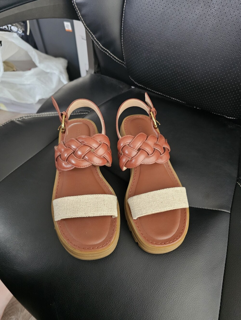 Cole Haan Tan Braided Leather & Cream Fabric Platform Sandals